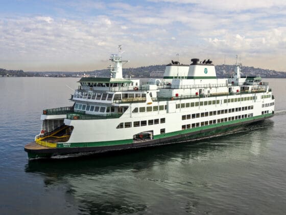 The new ferry M/V Samish undergoing sea trials on April 8th, 2015 in Seattle, Washington.